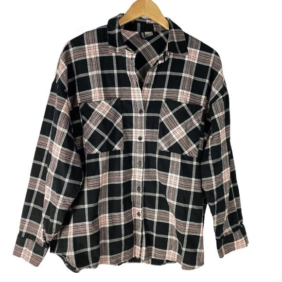 H&M Divided Boyfriend Shirt Women S Black Plaid Cowgirl Button Up Oversized NEW - Picture 1 of 6